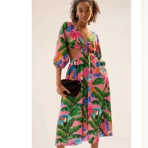 FARM RIO Tropical Print Cut Out Midi Dress